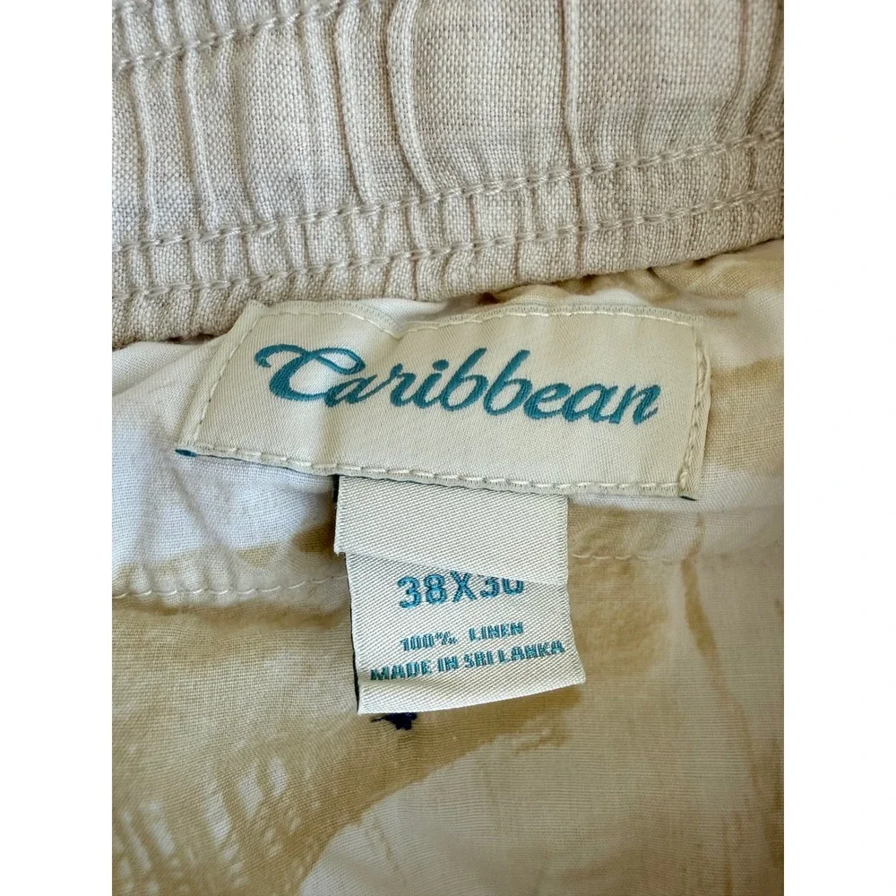 Caribbean Mens 100% Linen Cargo Pants 38x30 Beige Oatmeal Elastic Waist Relaxed